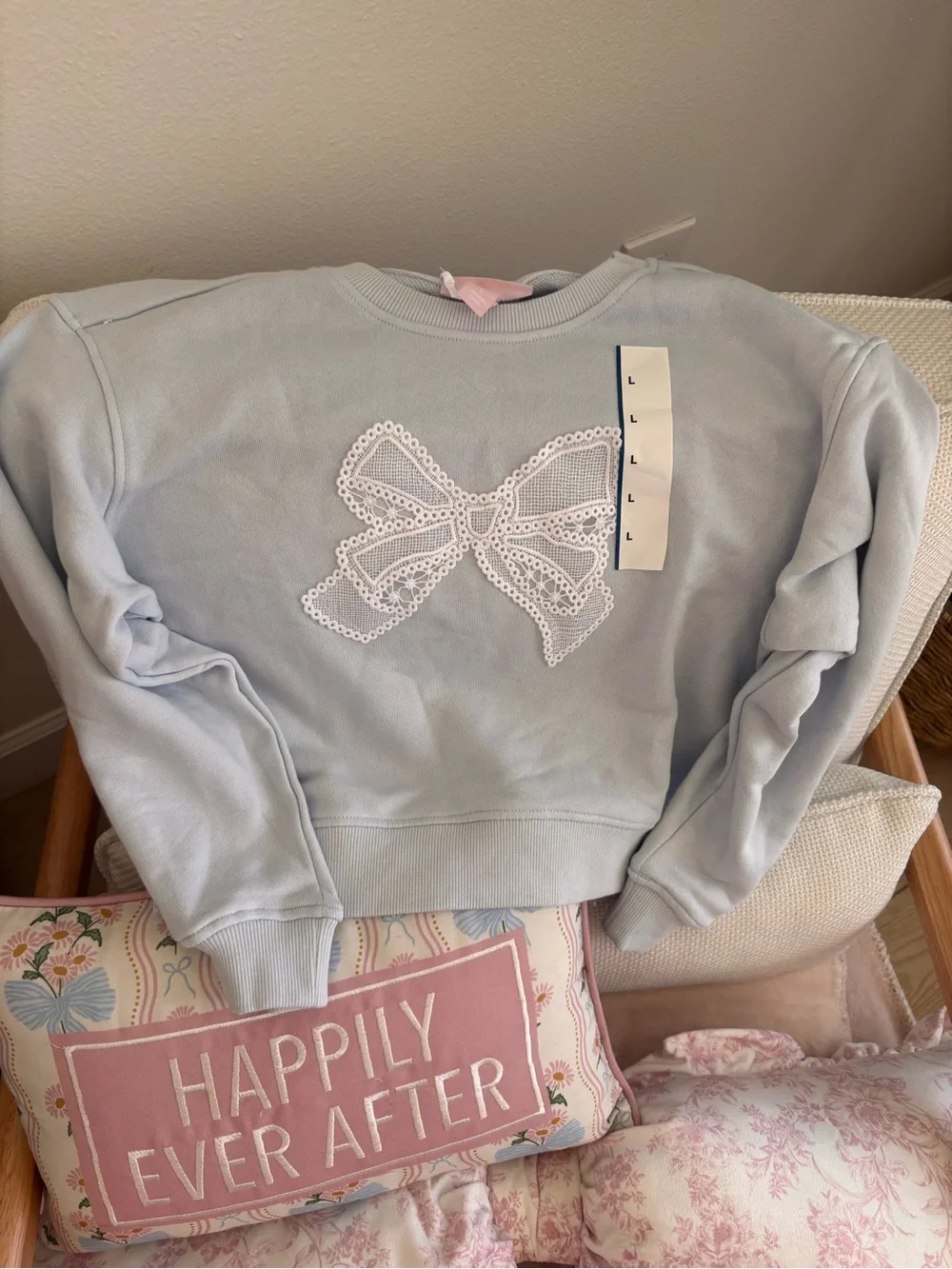 LoveShackFancy Light Blue Girls Sweatshirt with White Lace Bow
